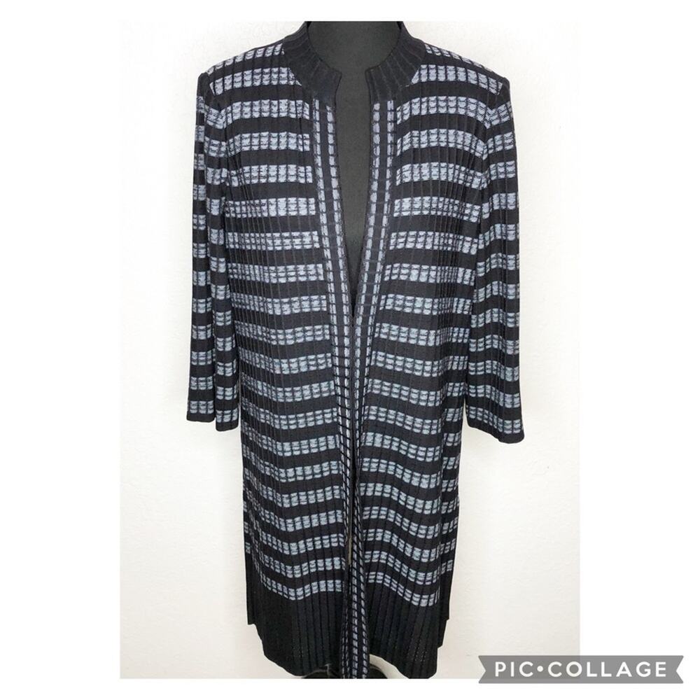 Misook black blue gray geometric striped open front long knit jacket size Large